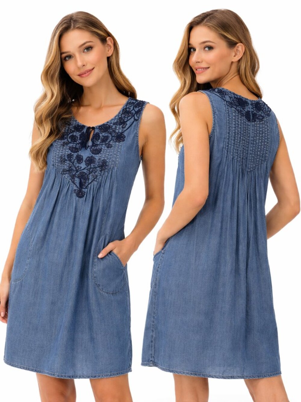 Floral Embroidered Denim Shift Dress XS Sleeveless Pintuck Chambray coastal girl